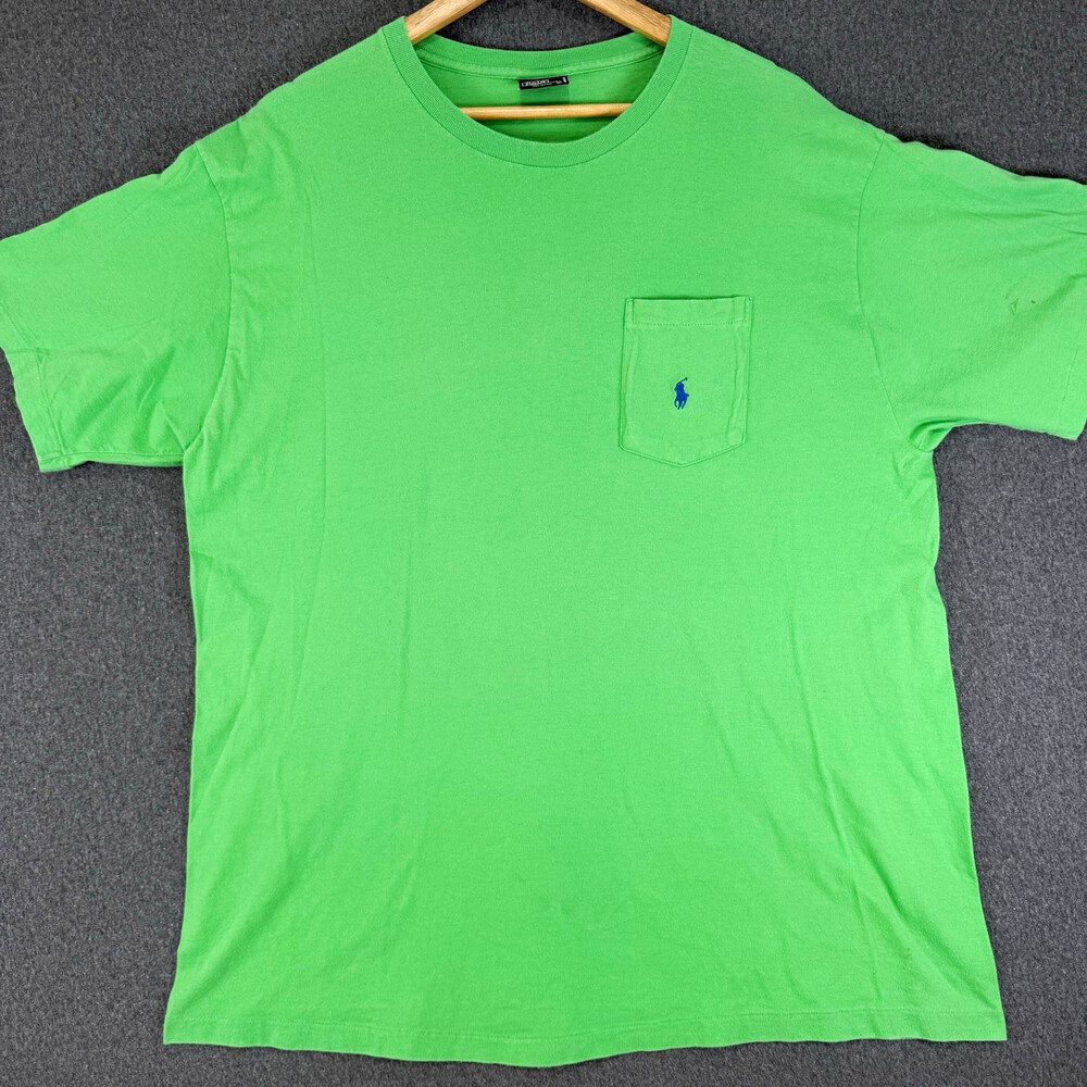 Polo Ralph Lauren Mens Large Green Pocket T Shirt Blue Pony Made USA Cotton READ